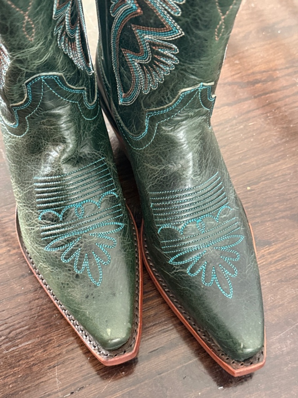 Justin Boots Dark Green Western Boots with Turquoise and Brown  Stitching 6.5 - Picture 11 of 13
